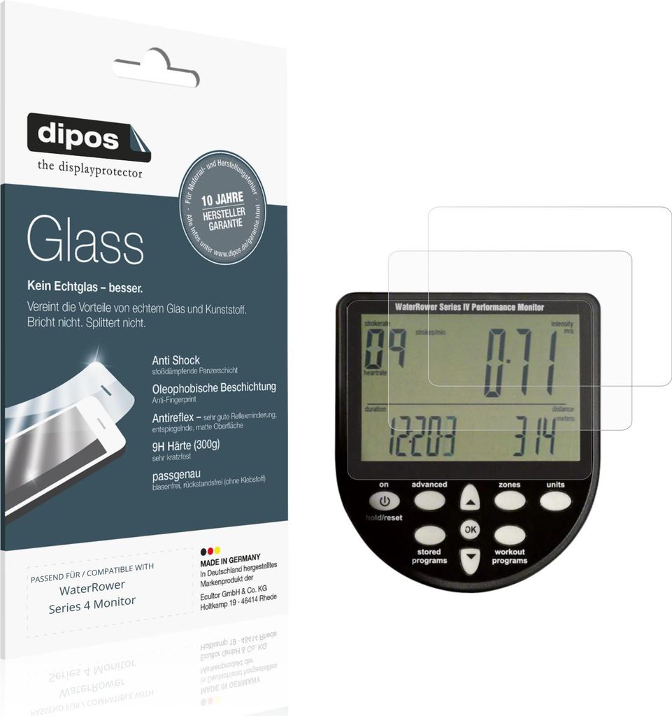 2x Schutzfolie für WaterRower Series 4 Monitor matt - Anti-Shock 9H Folie dipos Glass Kunststoffglas