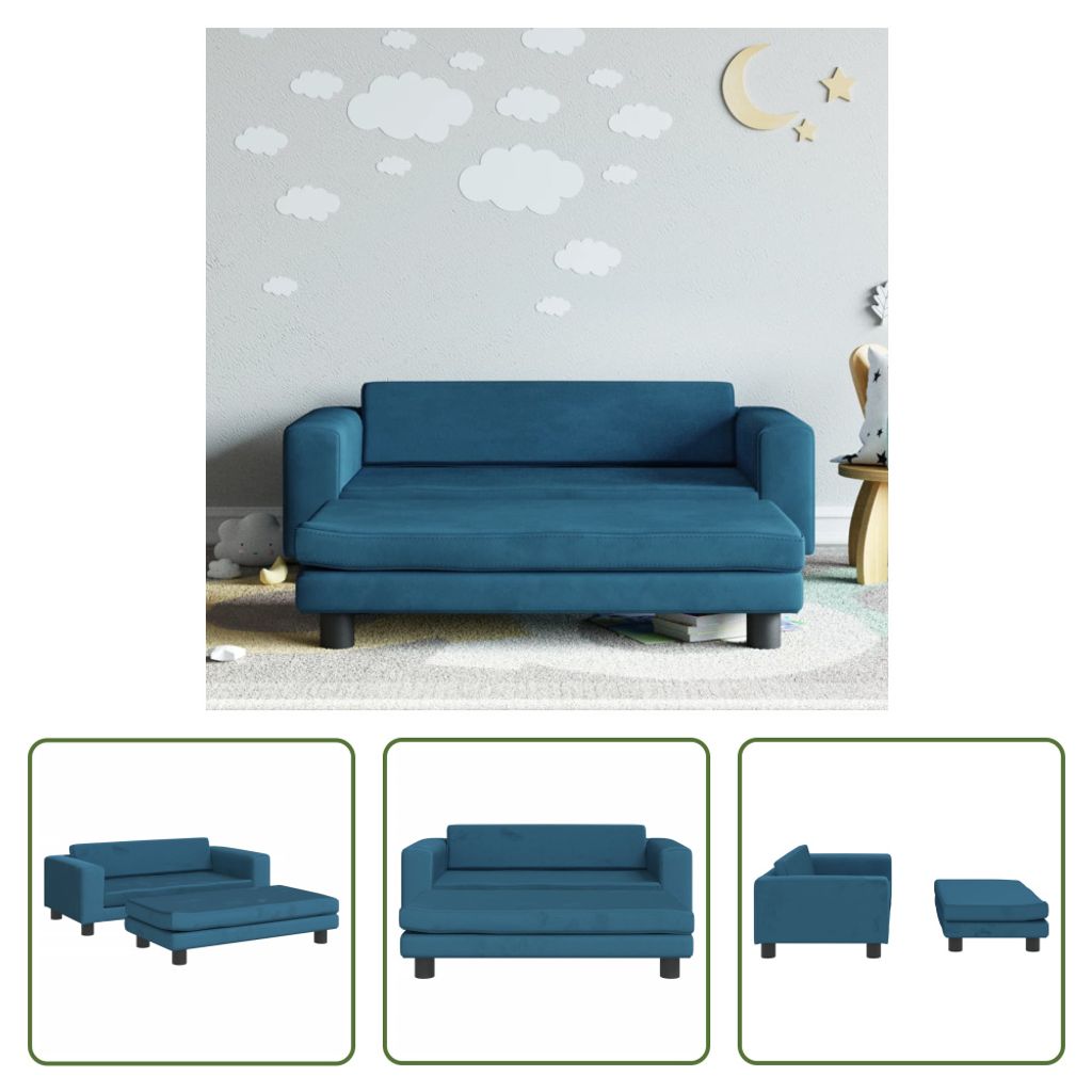The Living Store Kindersofa mit Hocker Blau 100x50x30 cm Samt