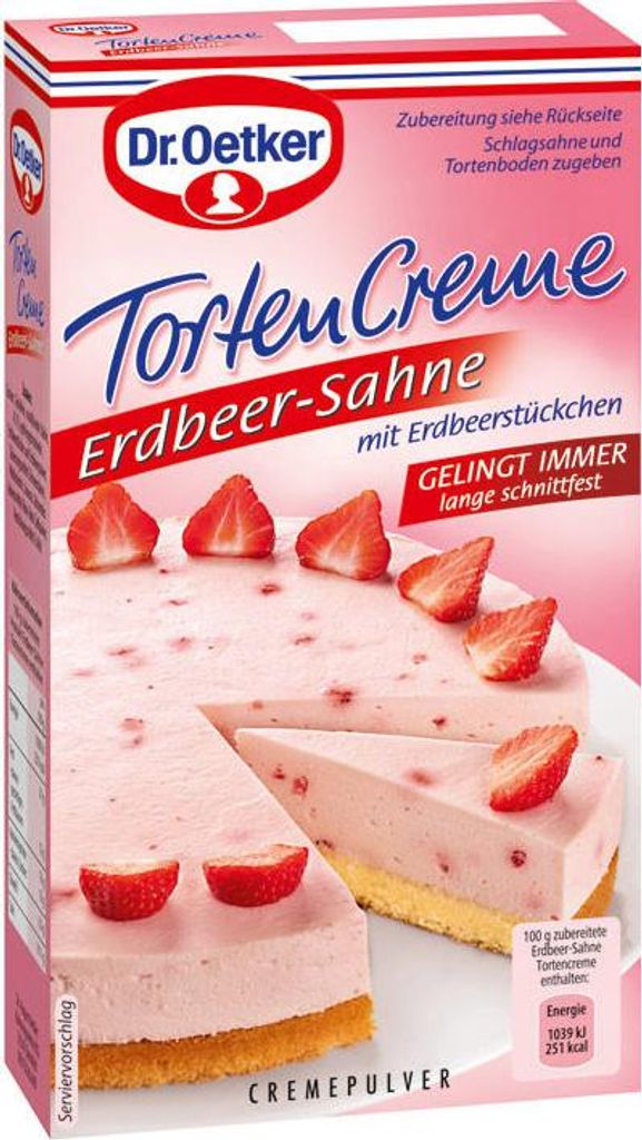 Dr. Oetker Tortencreme Erdbeer Sahne  mit Edbeerstückchen Produktbild 