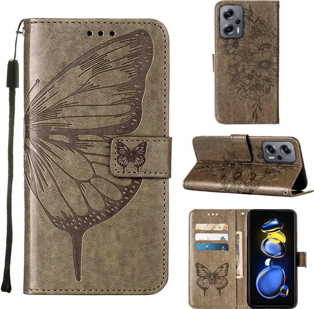 Xiaomi Poco X4 GT 5G Case, Butterfly Relief Custodia in pelle flip con tasche per carte e stand per Xiaomi Poco X4 GT 5G Grigio