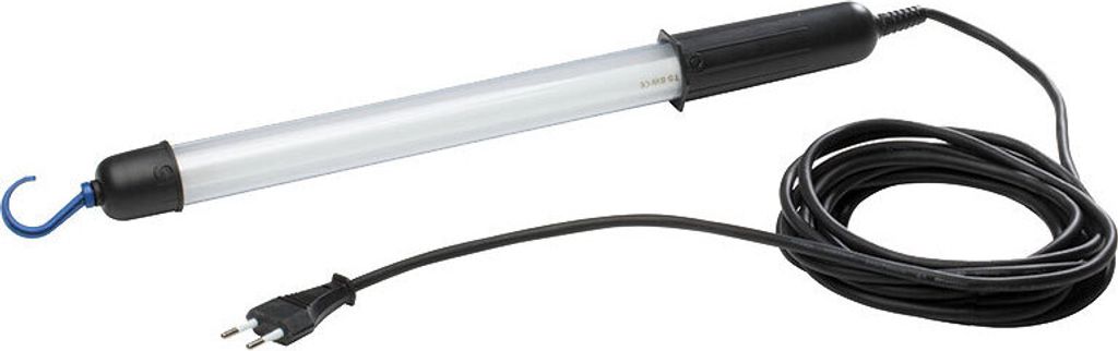 A fluorescent work light with a cord and plug, and a hook for hanging.