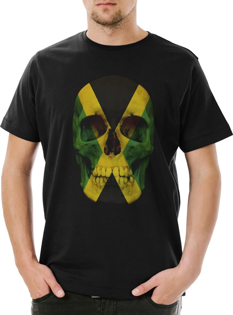 Urban Backwoods Jamaica Jamaican Skull Flag, Herren T-Shirt, Farbe: Schwarz, Größe: 2XL