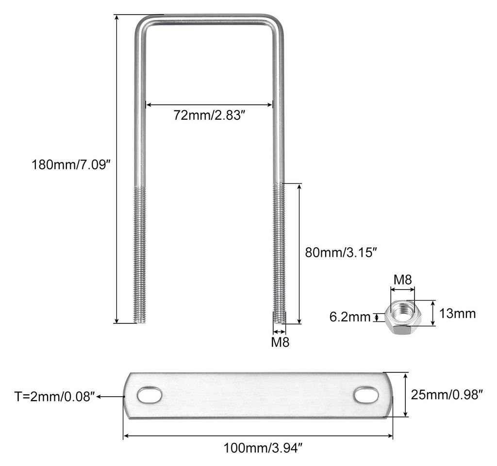 2 S?tze Quadratische U Bolzen 72mm(2.83") Innenbreite 180mm L?nge M8 304 Edelstahl U Klemmschraube mit Mutter und Platte fš¹r Bootsanh?nger