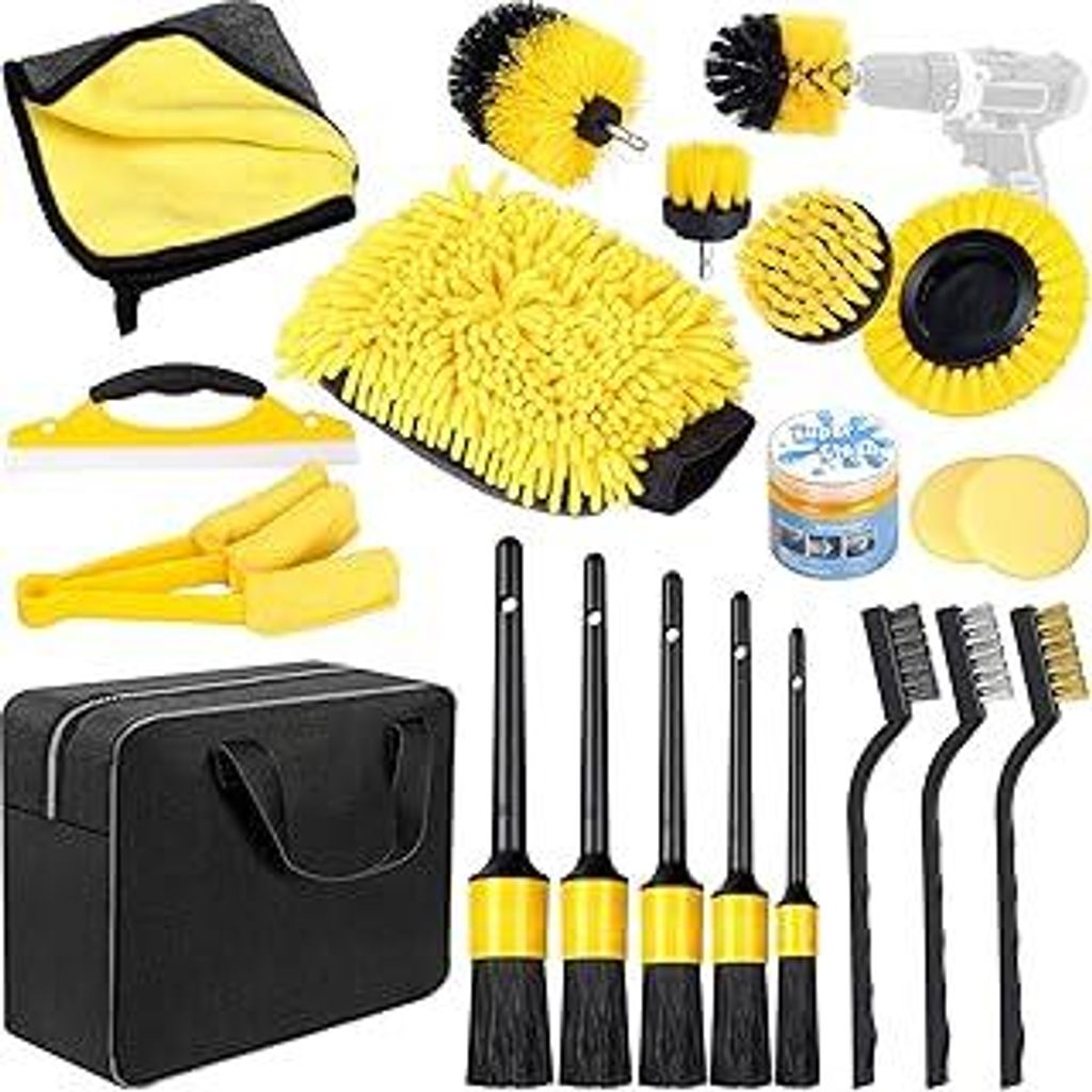 Auto Reinigungsset - 20-Teiliges Autopflege Set für Innenraum und Außen - Autowaschset mit Bürsten, Polierschwämmen, Reinigungsgel und mehr - P...
