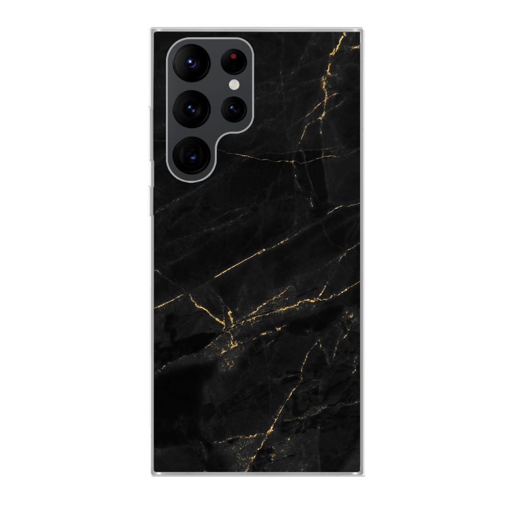 MuchoWow Handyhülle Schutzhülle Hülle für Samsung Galaxy S22 Ultra Marmor - Schwarz - Gold - Chic - Marmoroptik - Design Silikon Softcase Han...