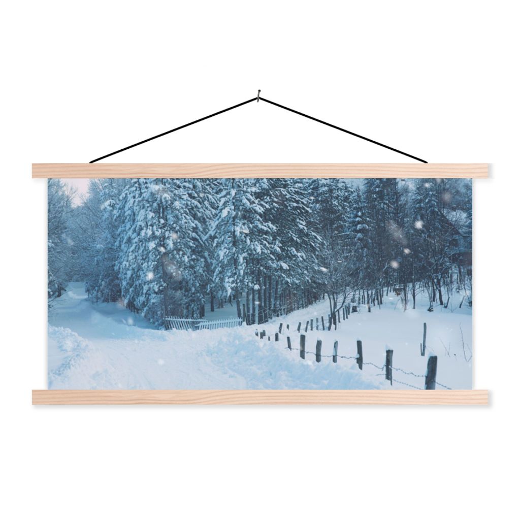 MuchoWow Textilposter Wald - Schnee - Winter 120x60 cm mit holzfarbenen Rahmen - Klemmleiste