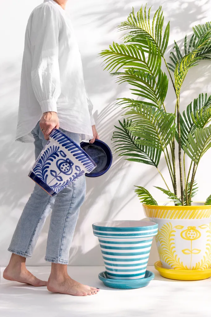 Cache-pot J-Line Granada Stripes en Céramique Bleu Aqua - Large 35cm