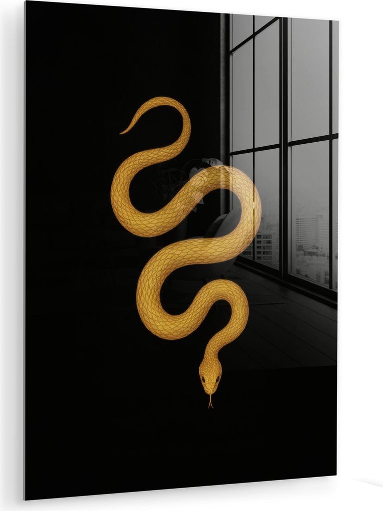 MuchoWow Glasbilder - Bilder auf Wandbild - Foto auf Glas Schlange - Minimalistisch - Gold 60x80 cm Wanddekoration aus Glas - Acrylglasbild - Acryl...