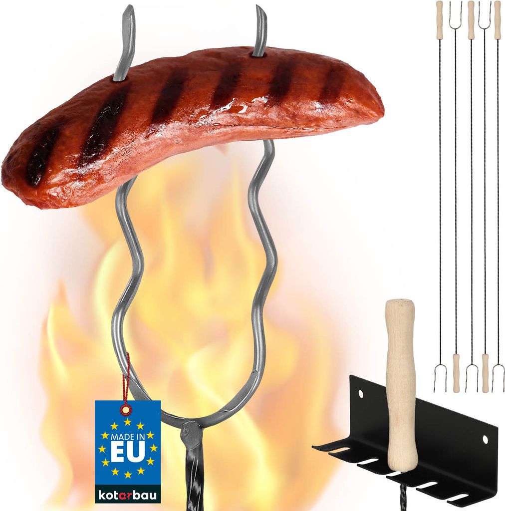 KOTARBAU 5er Set Grillspieße Lagerfeuer Spieße lang Grillgabel Camping Grill 130 cm Würstchenstecker Feuergabel Grillgabeln mit Aufhänger