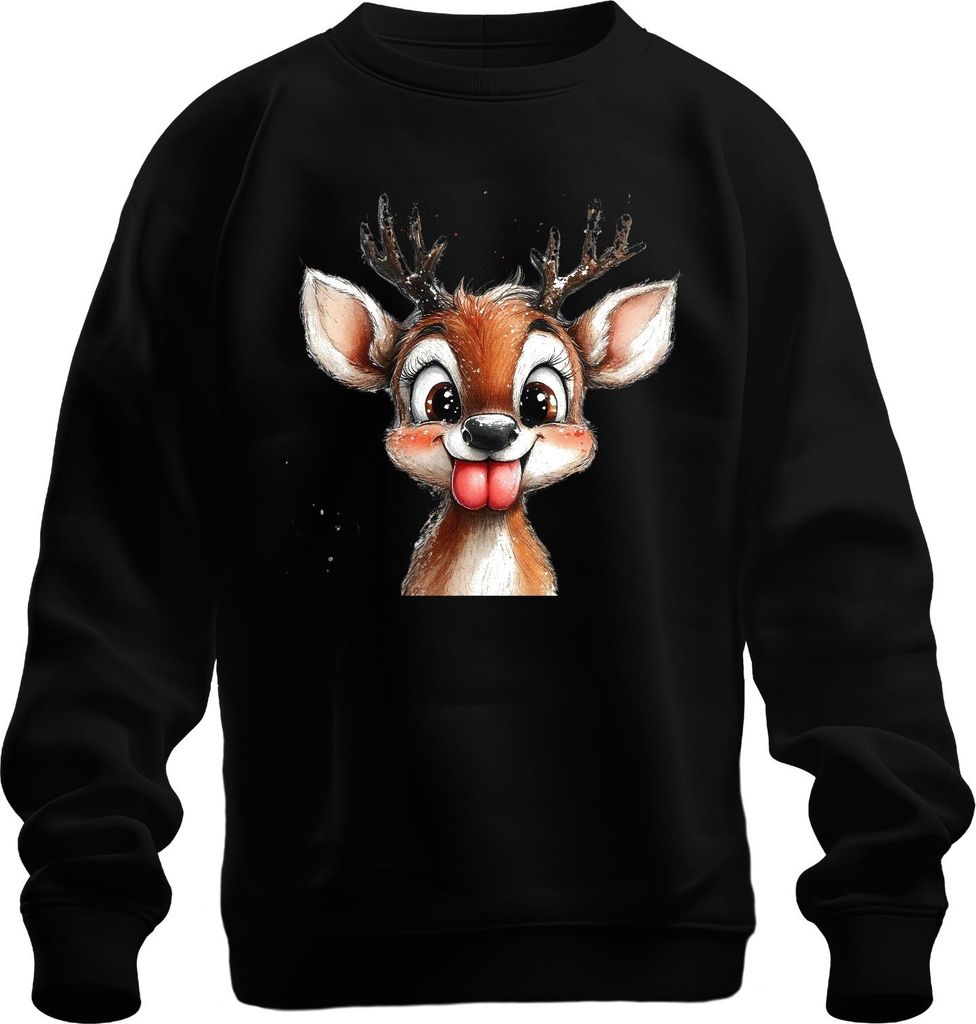 Rentier Frech Zunge raus Niedlich Weihnachten Kinder Retro Uni Sweatshirt Pullover, Schwarz, M