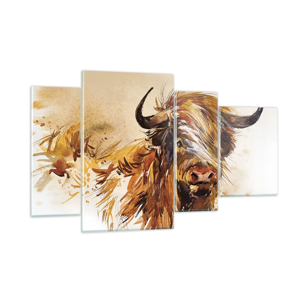 Bilder auf glas - 4 Teile - Stier Scotch Aquarell - 120x70cm - Glasbilder - Wandbilder - Bilder - zum Aufhängen bereit - Wanddekoration aus Glas -...