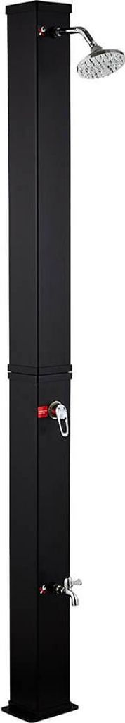 A black outdoor shower unit with a shower head and two faucets.