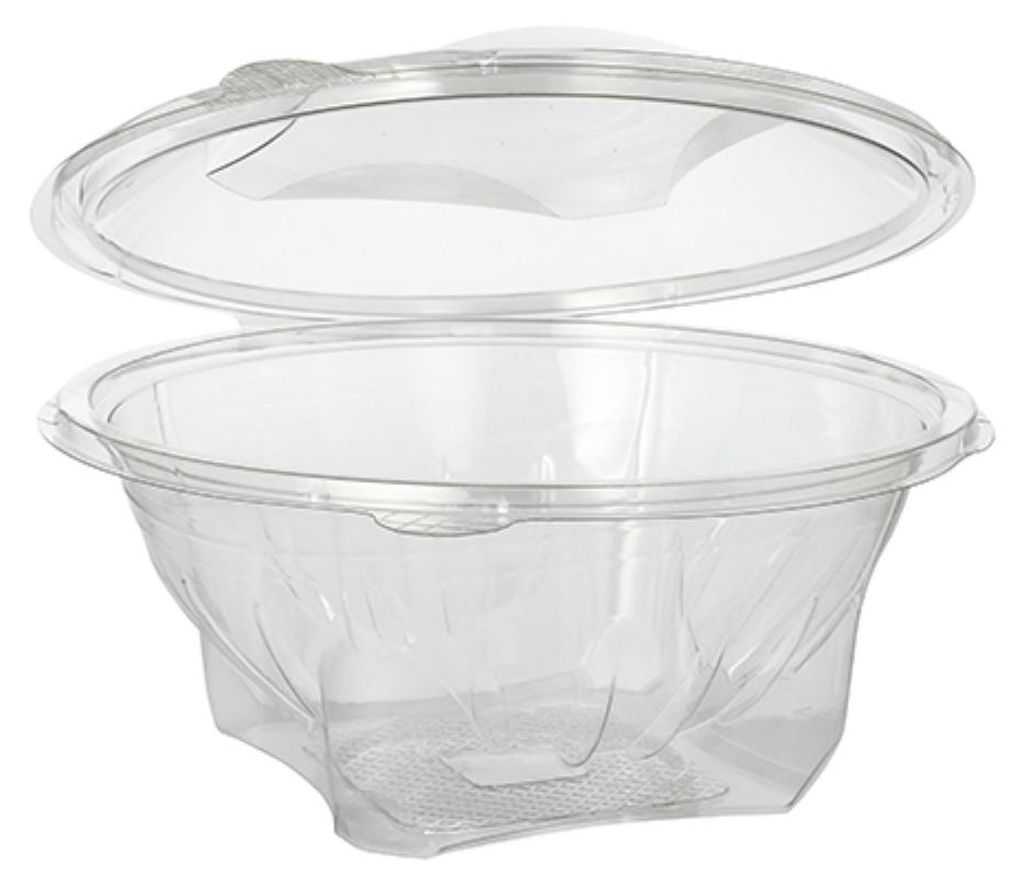 Starpak 50 Feinkost- und Salatschalen mit Klappdeckel, R-PET rund 1000 ml Ø 18,5 cm · 7,8 cm glasklar | Schrumpffolie (50 Stück)