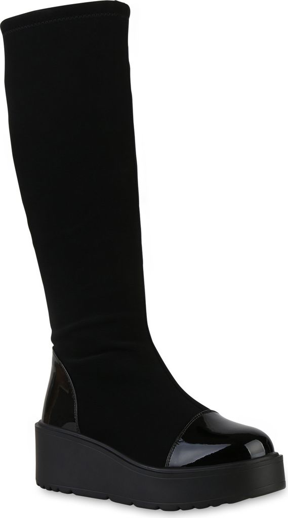 VAN HILL Damen Leicht Gefütterte Keilstiefel Stiefel Profil-Sohle Schuhe 841340, Farbe: Schwarz, Größe: 39