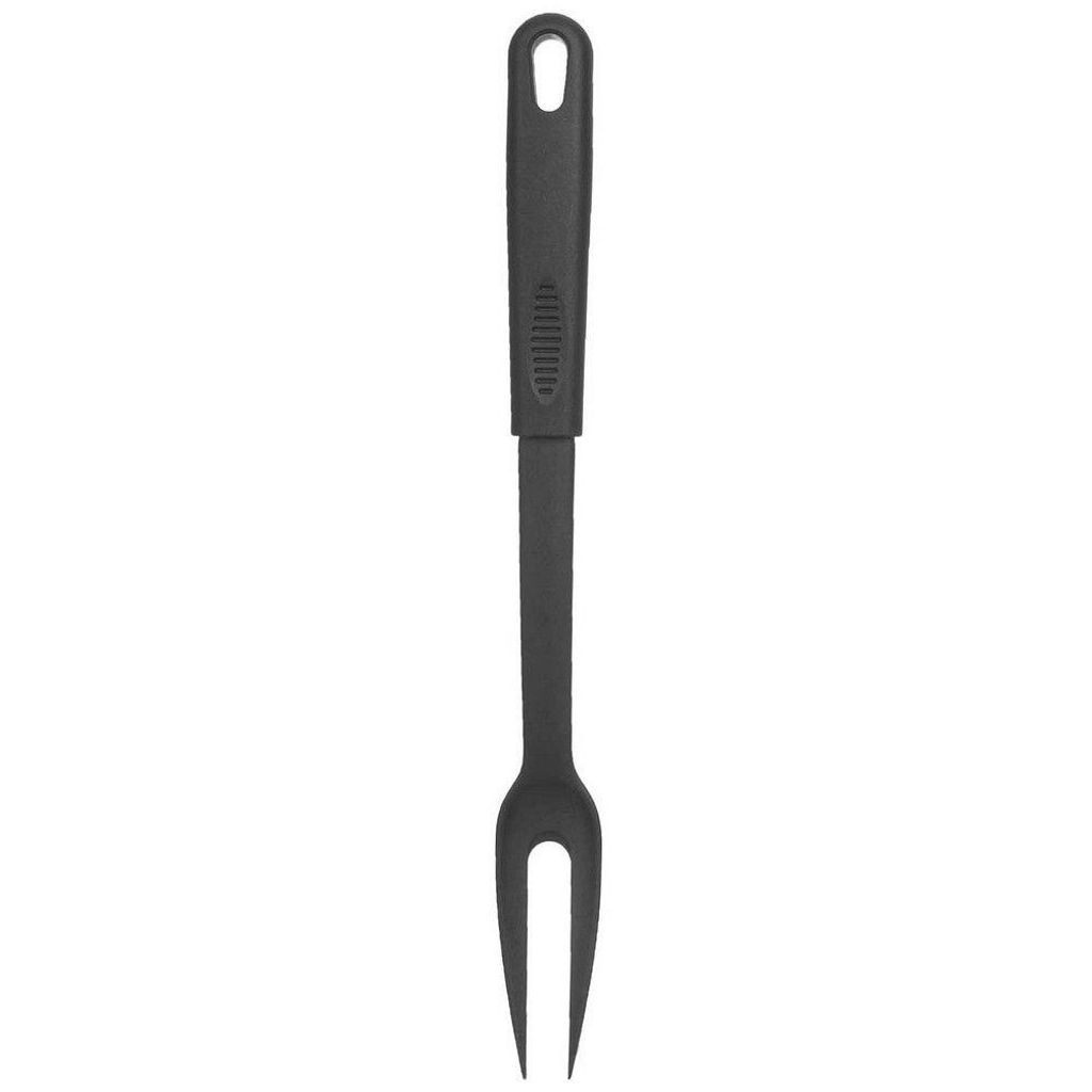 A black kitchen fork is shown against a white background.