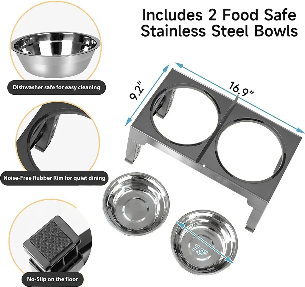 Support de gamelles surélevé Type B réglable en acier inox pour chiens