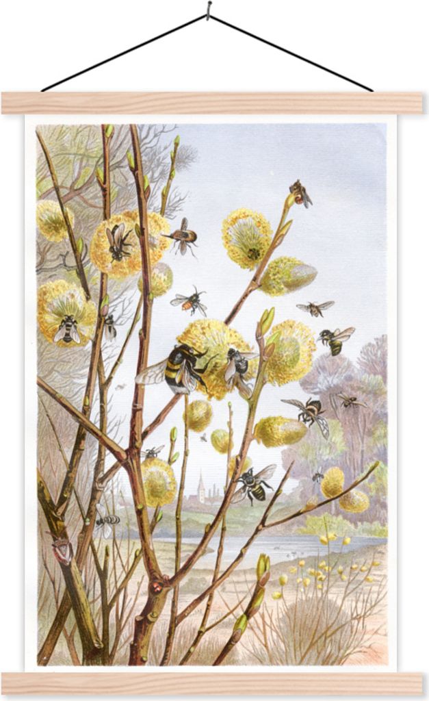 MuchoWow Textilposter Bienen - Blumen - Vintage 40x60 cm mit holzfarbenen Rahmen - Poster
