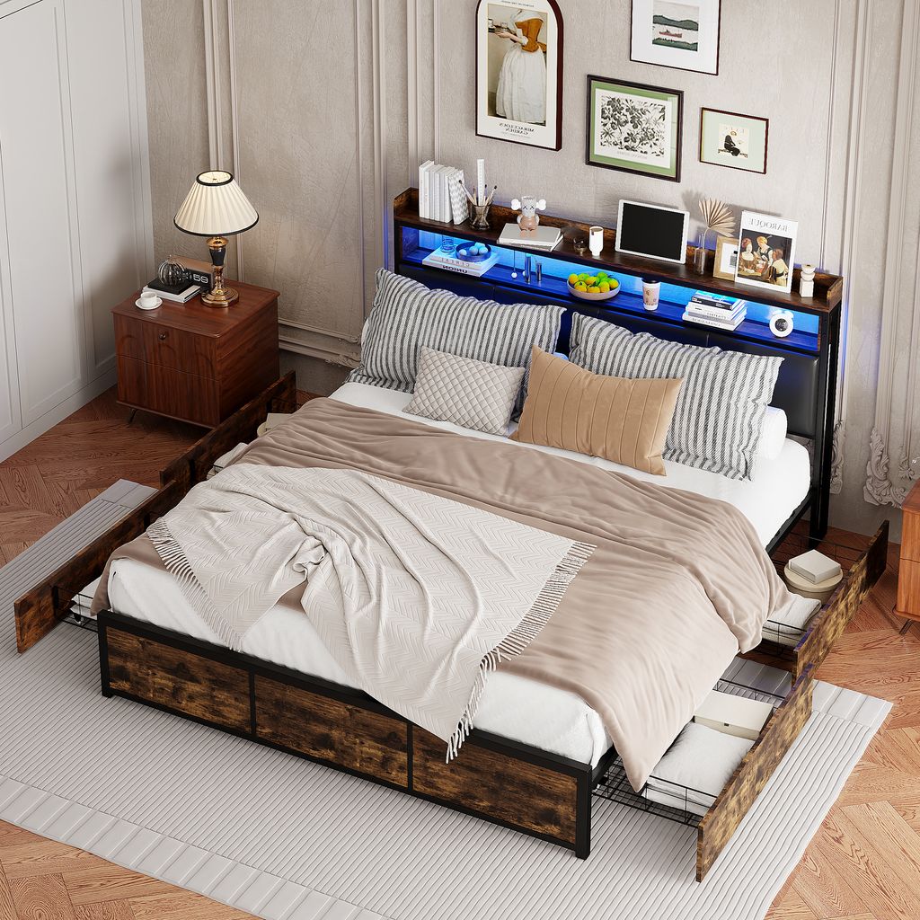 CDGlobal Polsterbett Doppelbett 140x200, LED Stauraumbett Jugendbett mit 4 Schubladen&USB Ladefunktion&Staufach, Bett Funktionsbett Rückenlehne Be...