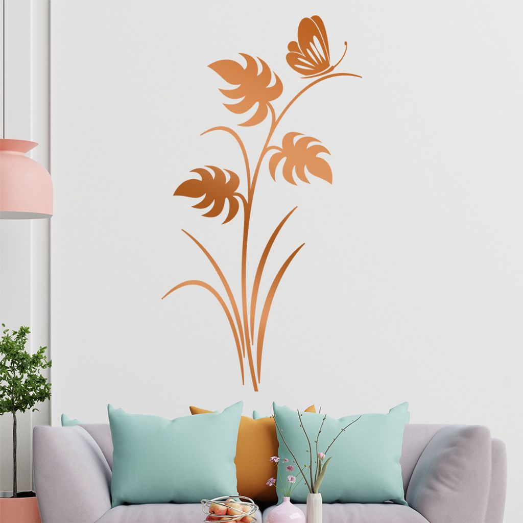 Schmetterling auf Pflanze Wandtattoo in 6 Größen - Wandaufkleber Wall Sticker - Dekoration, Küche, Wohnzimmer, Schlafzimmer, Badezimmer