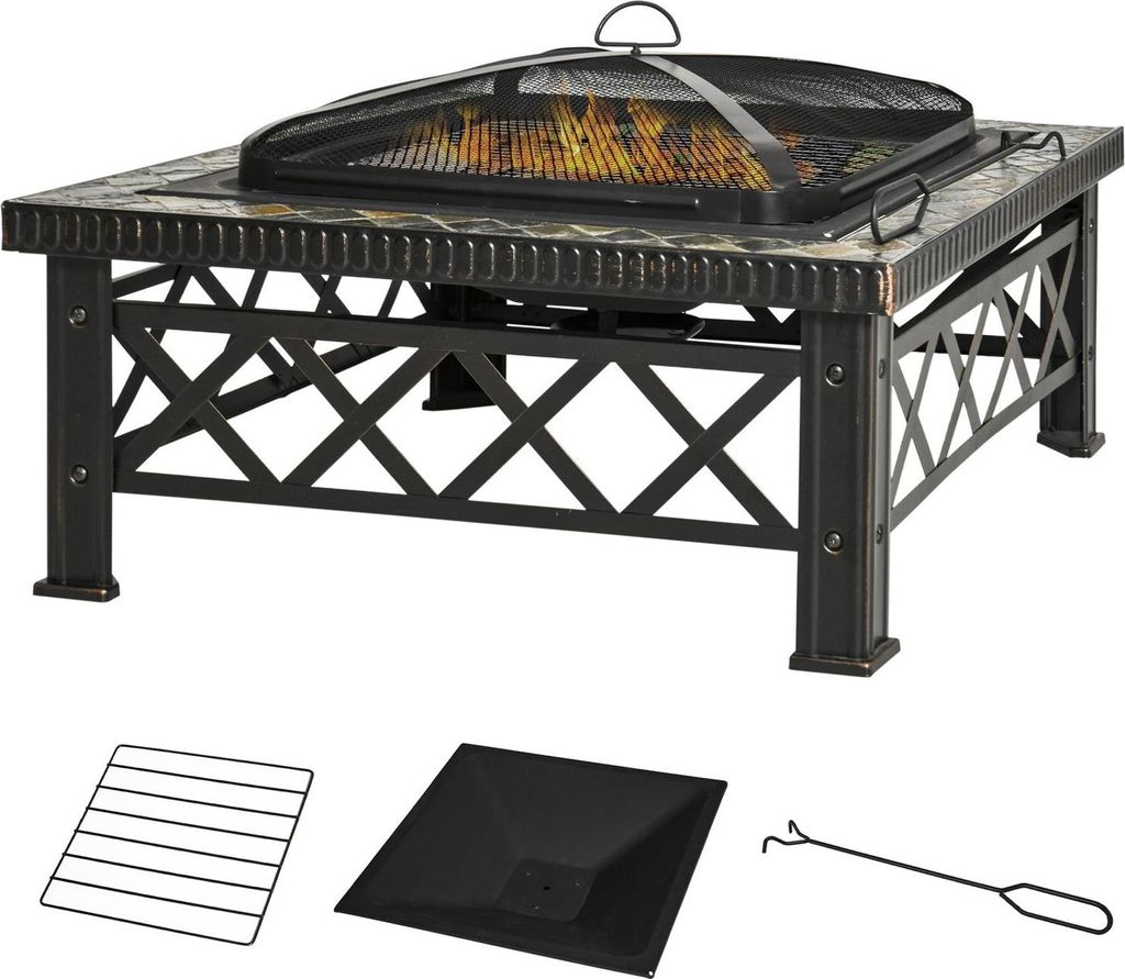 3-In-1 Feuerschale Feuerkorb Feuerstelle Mit Funkenschutz Grillrost Eiskübel Garten Bbq Schwarz 76 X 76 X 47 Cm