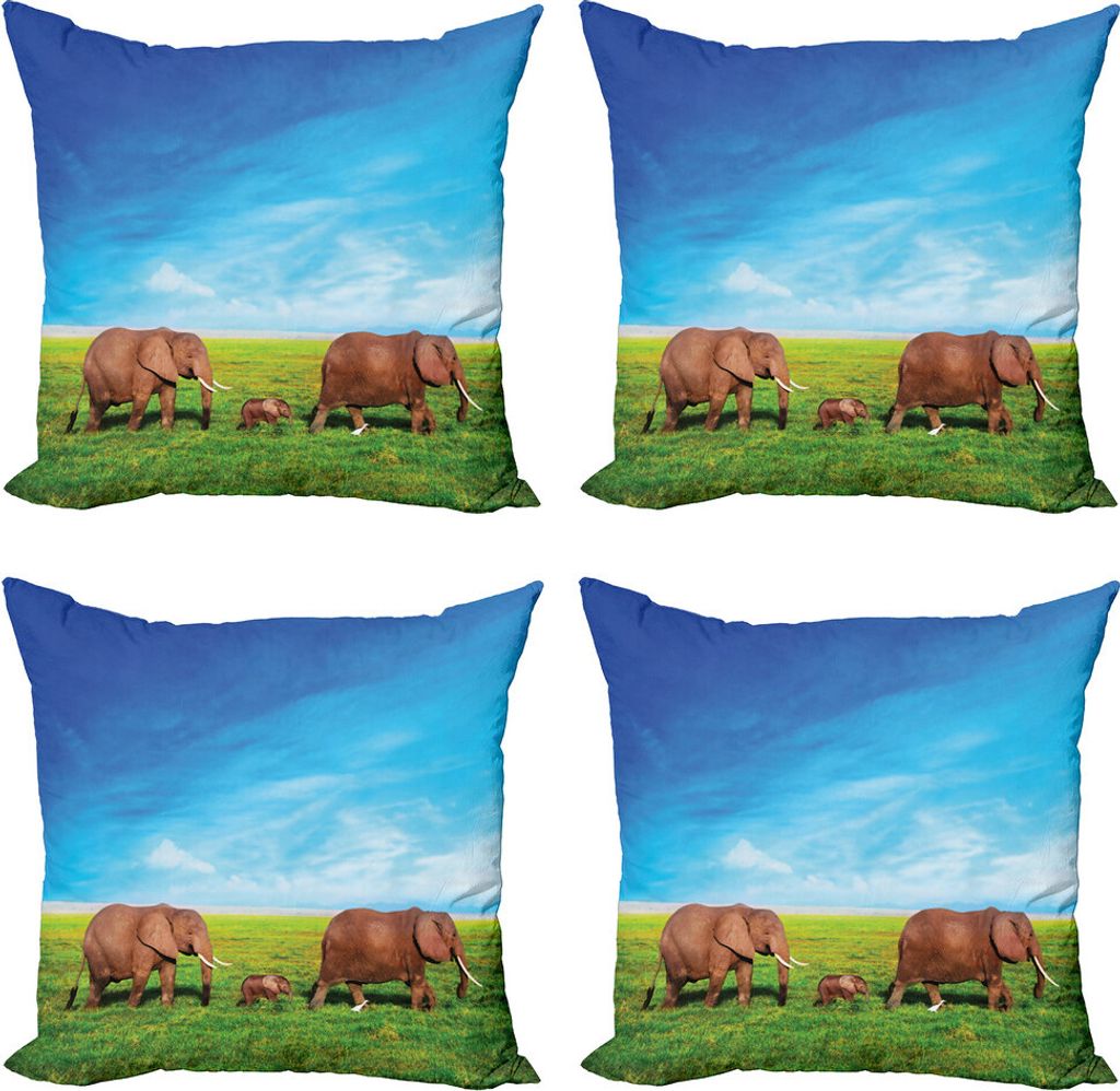ABAKUHAUS Elefant Kissenbezug Set (4 Stück), Elephant Family Afrika, Moderner Doppelseitiger Digitaldruck, 50 cm x 50 cm, Grün Braun Blau