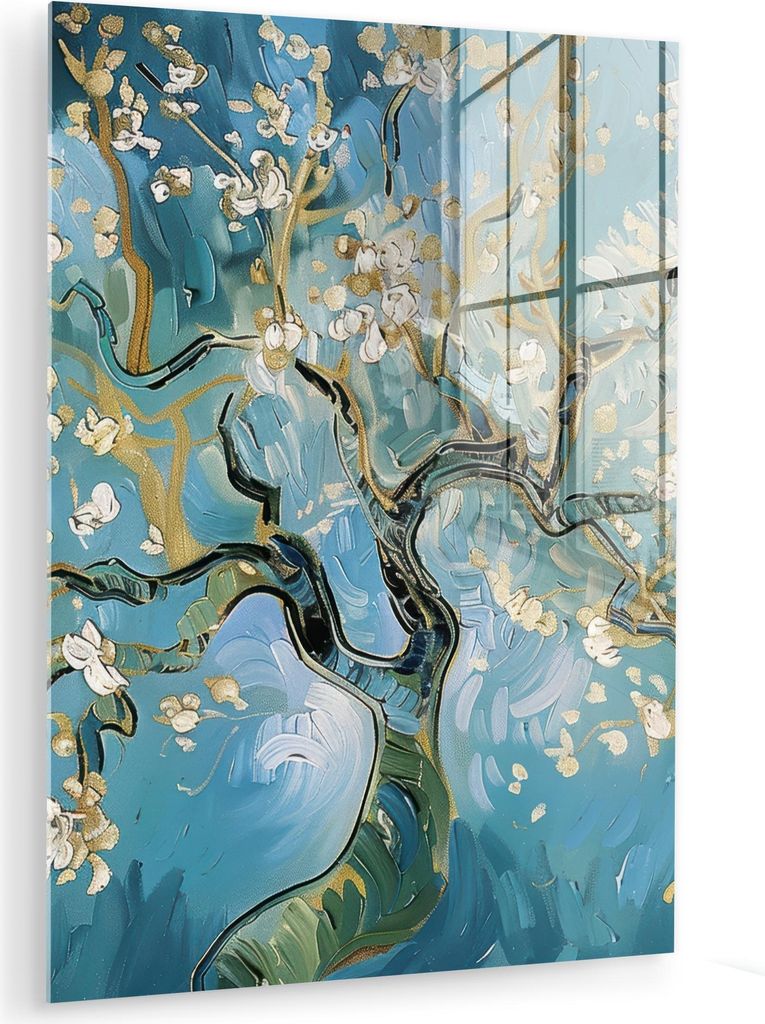 MuchoWow Glasbilder - Bilder auf Wandbild - Foto auf Glas Mandelblütenbaum - Blau - Abstrakt 60x80 cm Wanddekoration aus Glas - Acrylglasbild - Ac...