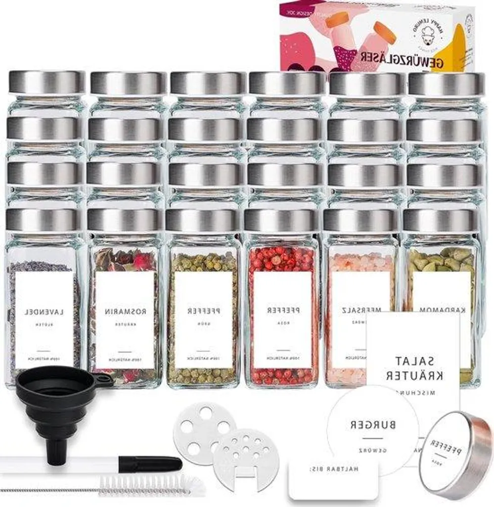 24 Pots Épices en Verre et Inox 120ml - 301 Autocollants Personnalisables