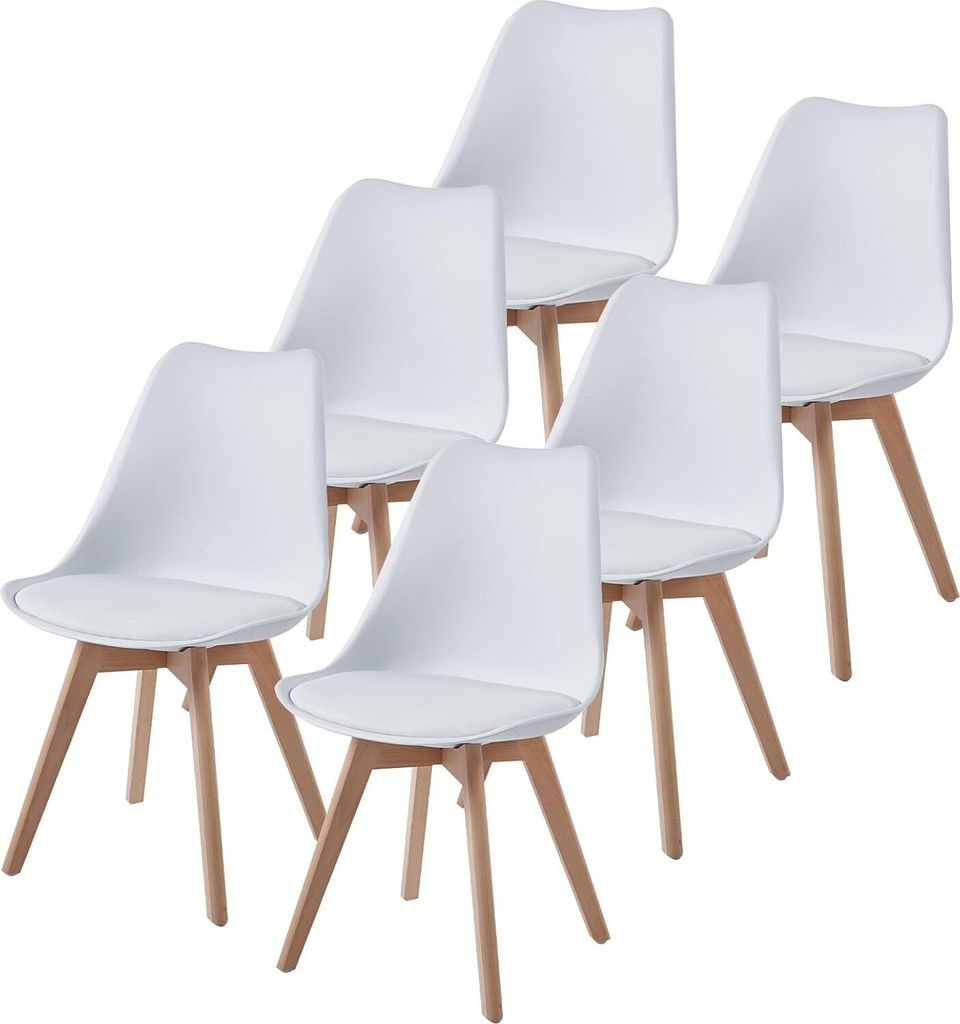 A set of six white dining chairs with wooden legs arranged in a staggered formation against a white background.