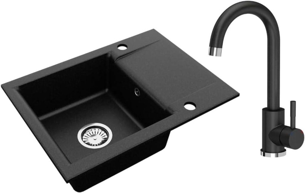 VBChome Granitspüle Schwarz 59 x 44 cm mit Armatur Einzelbecken Einbauspüle Reversibel Gesprenkelt Pflegeleichtes Spülbecken mit Siphon für Kü...