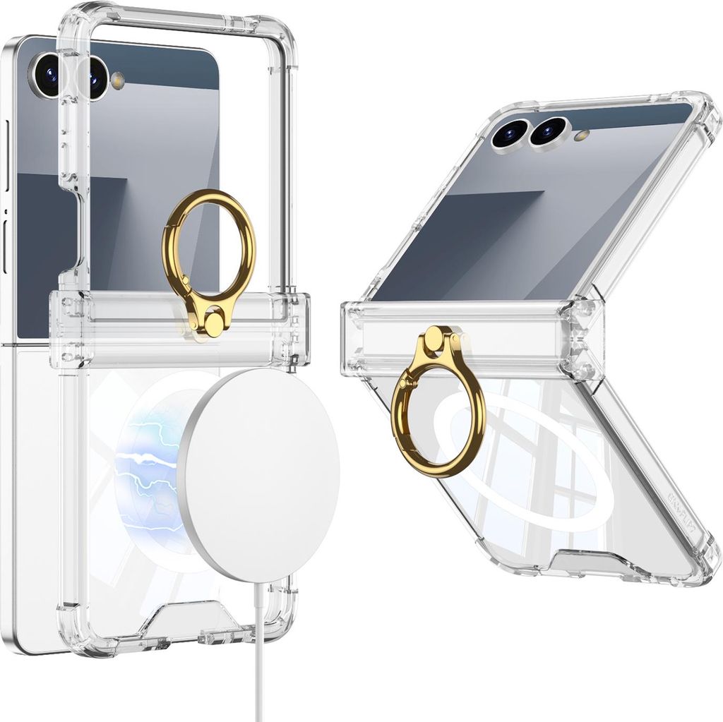 Hülle für Samsung Galaxy Z Flip 7 Scharnierschutz Transparente Stoßfest Schutzhülle mit Displayschutz und Ring, Kompatibel mit Magsafe Transparent