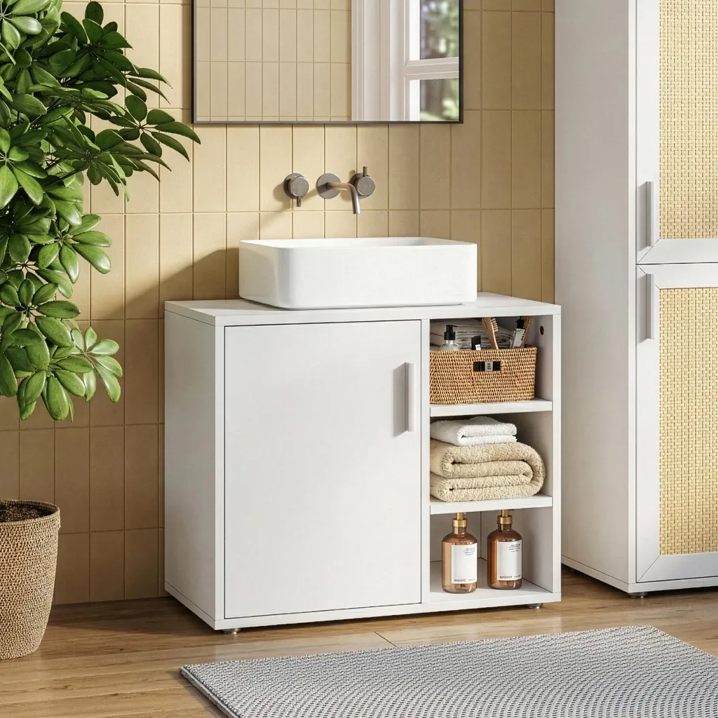 Petit meuble de salle de bain sous vasque Kulaik blanc à niches ouvertes