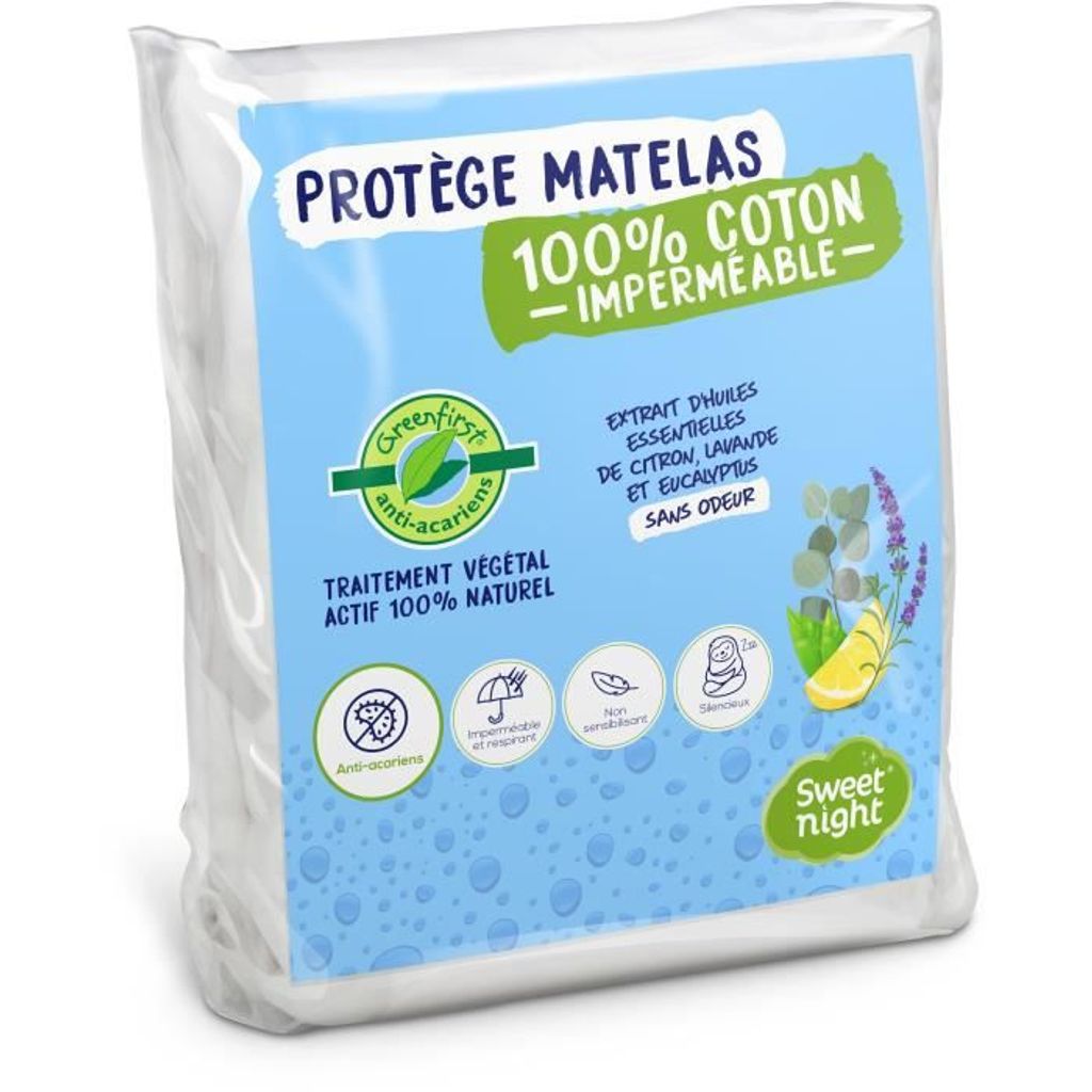 SWEET NIGHT Protector wasserdichte Matratze Anti-Milben Greenfirst Gemüsebehandlung - 140 x 190/200 cm - Weiß