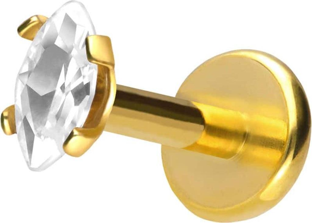 Ohrpiercing, Nasenpiercing Titan Labret mit Push Fit EINGEFASSTER KRISTALLTROPFEN Gold Stablänge: 8mm | Stabstärke: 1mm | Kristallgröße: 2 x 4mm