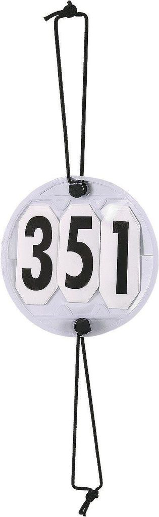 A round, transparent tag with the number 351 printed on it, hanging from a black string.