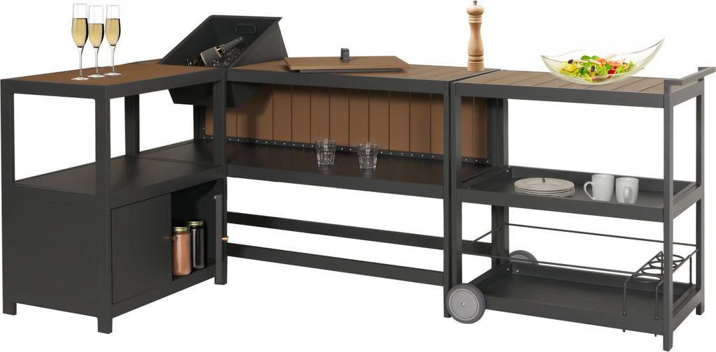 Aluminium Outdoor-Küche 3-teilig MCW-M64, Außenküche Garten Servierwagen Eiskübel Schrank anthrazit, helle Holzoptik