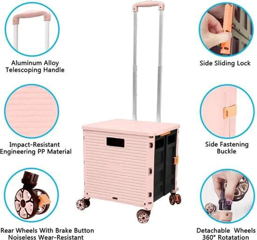 Caddie de courses portable multifonctionnel rose avec roues amovibles