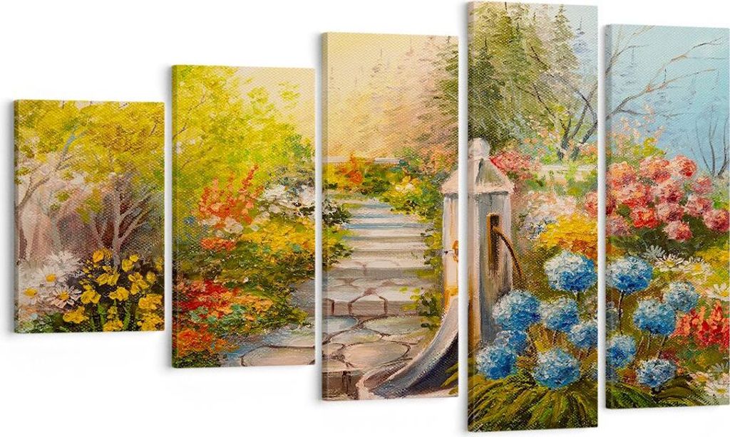 Bild auf Leinwand - Leinwandbild - Garten Blumen Sommer - 100x60cm - Wand Bild - Wanddeko - Leinwanddruck - Bilder - Kunstdruck - Wanddekoration - ...
