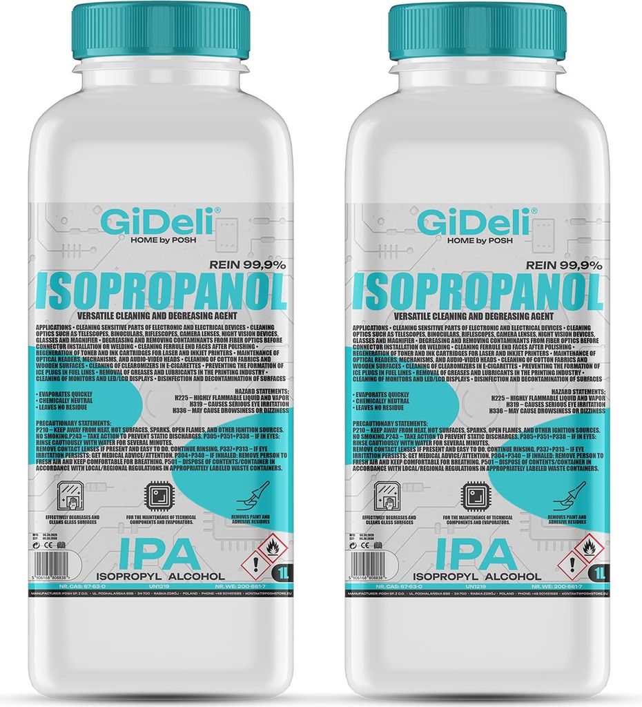 Isopropanol 2L 99,9% IPA Reinigungsalkohol Entfetter für Elektronik GiDeli