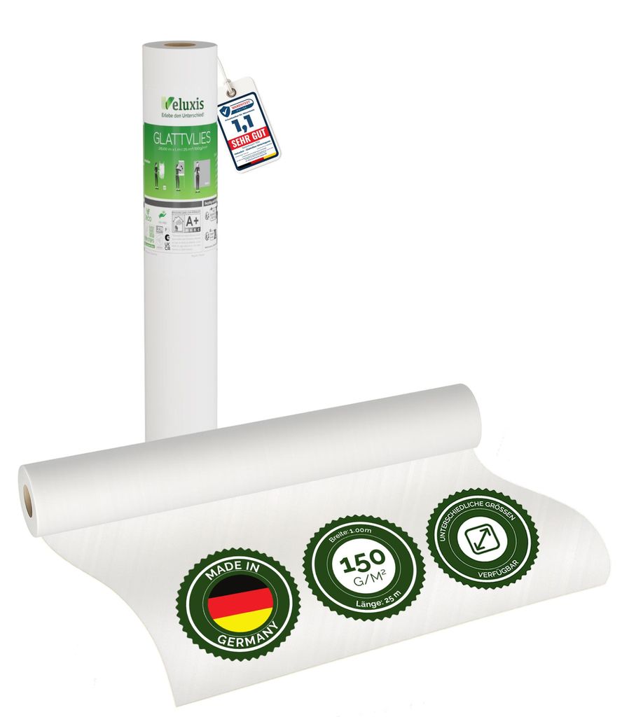 Glattvlies Vliestapete weiß – Renoviervlies Untertapete, 25,00 m x 1,00 m, 150g/m², überstreichbar, rissüberbrückend, formstabil – Veluxis