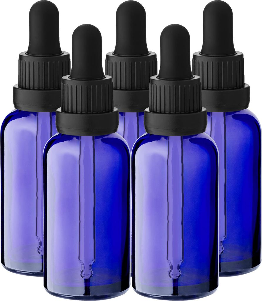 5x Glasflasche blau 30 ml mit schwarzer Pipette Produktbild 