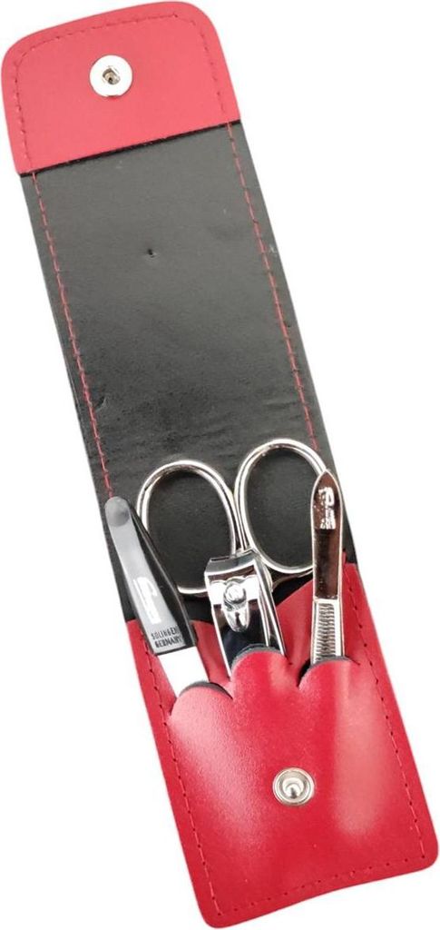 4-teiliges Solingen* Maniküre Set mit echt Leder Etui, Nagelschere, Feile, Pinzette Rot