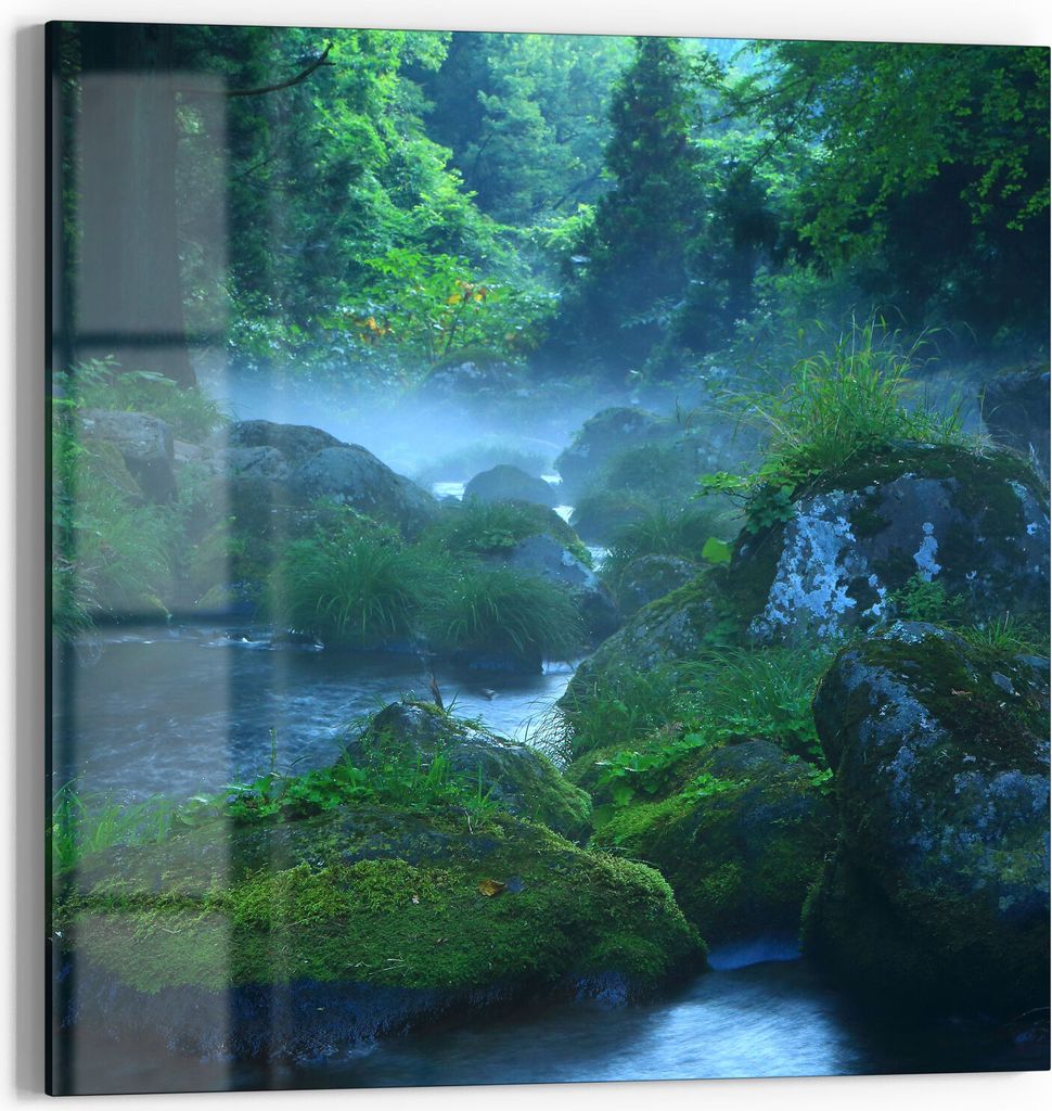 DEQORI Glasbild Echtglas 50x50 cm 'Wasserquelle im Wald' Wandbild Bild modern Deko