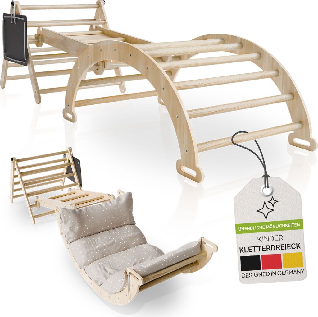 A wooden climbing structure and a rocking lounger are displayed against a white background, with a product tag in the foreground.