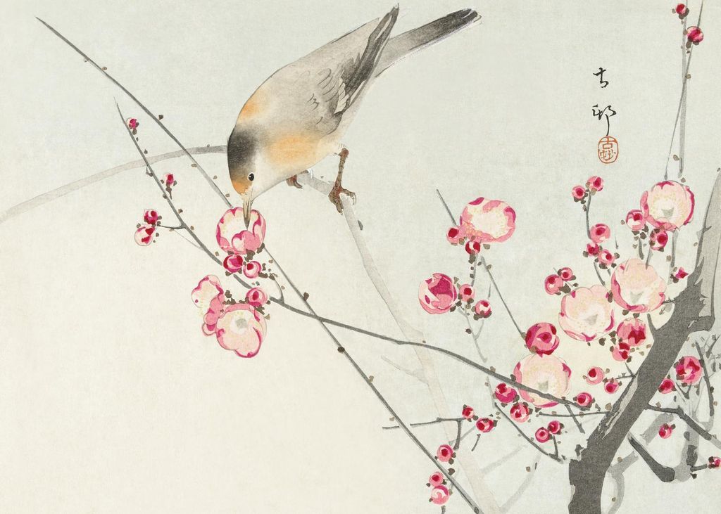 Plakat 70x50cm Singvogel auf Blütenzweig, Koson Vintage für das Wohnzimmer