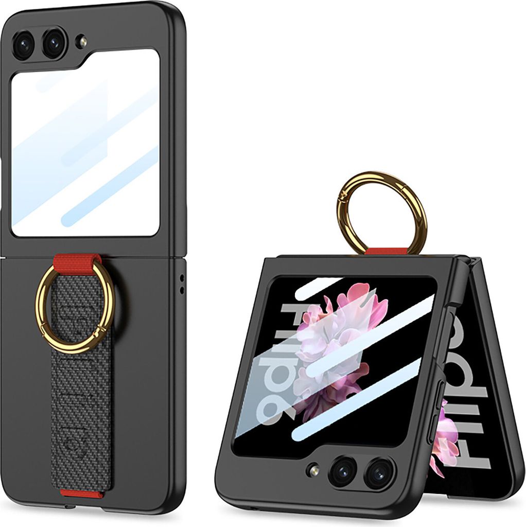 Hülle für Samsung Galaxy Z Flip 6 / Z Flip 7 FE Hart PC Schutzhülle Integrierte Displayschutz mit Armband Ringhalter Kohlefaser Schwarz