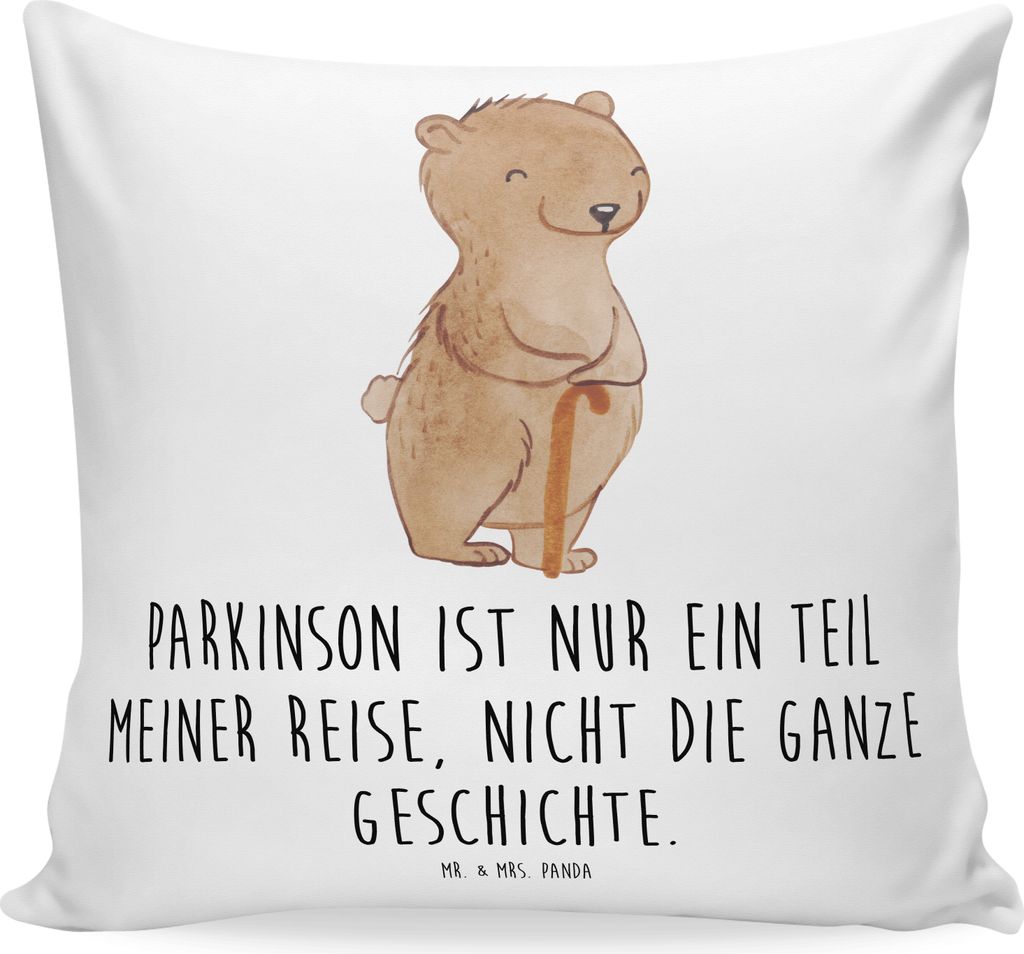 Mr. & Mrs. Panda Kuschelkissen Bär Parkinson - Weiß - Geschenk, Polster, Morbus, Dekokissen, 40x40, Kissen, Mikrofaser, Neurodegenerative Erkrankung