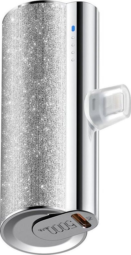 A silver power bank with a glittery surface and a clear plastic cap on one end.