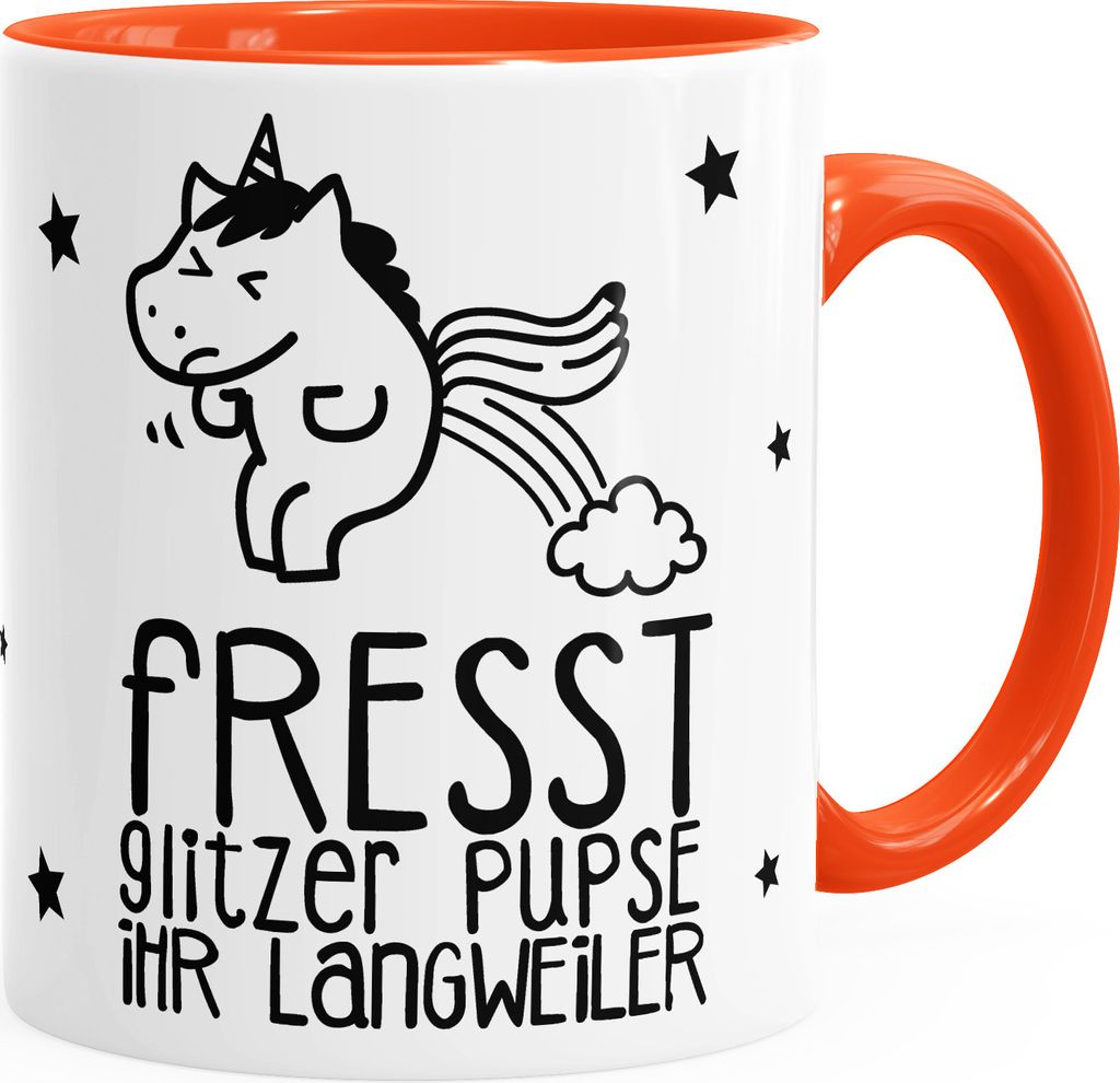 Tasse Einhorn Unicorn Fresst Glitzer Pupse ihr Langweiler Kaffeetasse mit Innenfarbe MoonWorks orange unisize