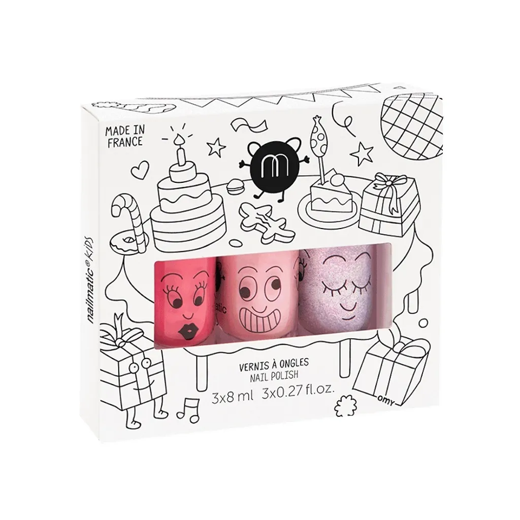 Set di lacche per unghie Nailmatic Kids Party B con le tonalità Cookie, Bella ed Elliot, da 8 ml l'una