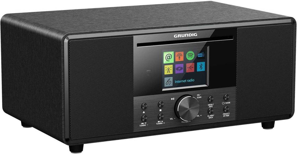 A black all-in-one internet radio with a color screen and buttons.